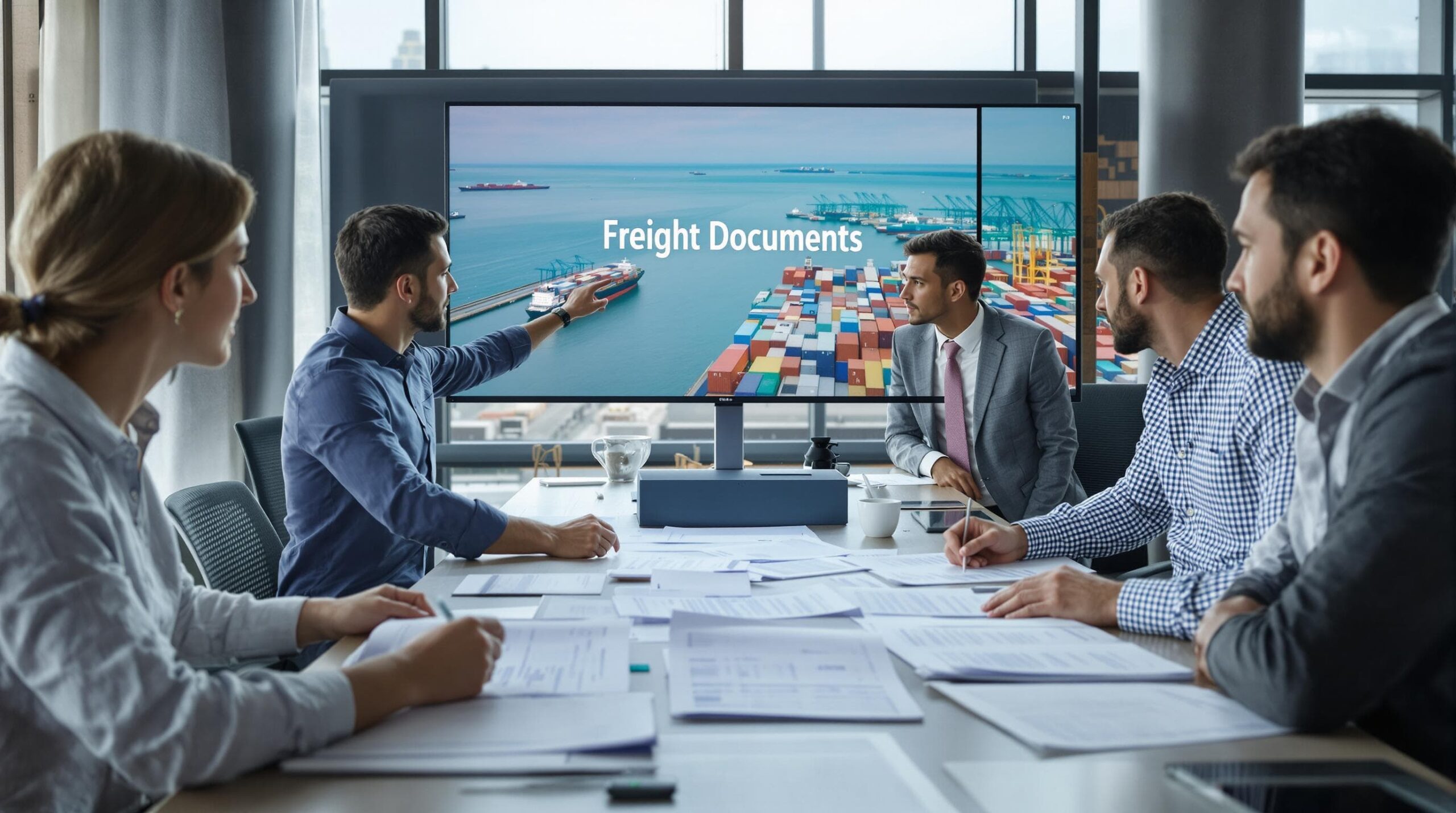 Shipping office with professionals reviewing freight documents and digital forms, port visible outside window