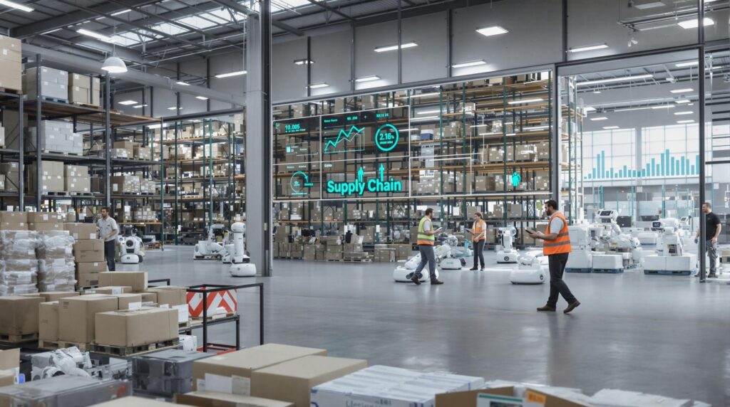 Modern warehouse with staff and robots, supervisor checking digital supply chain metrics