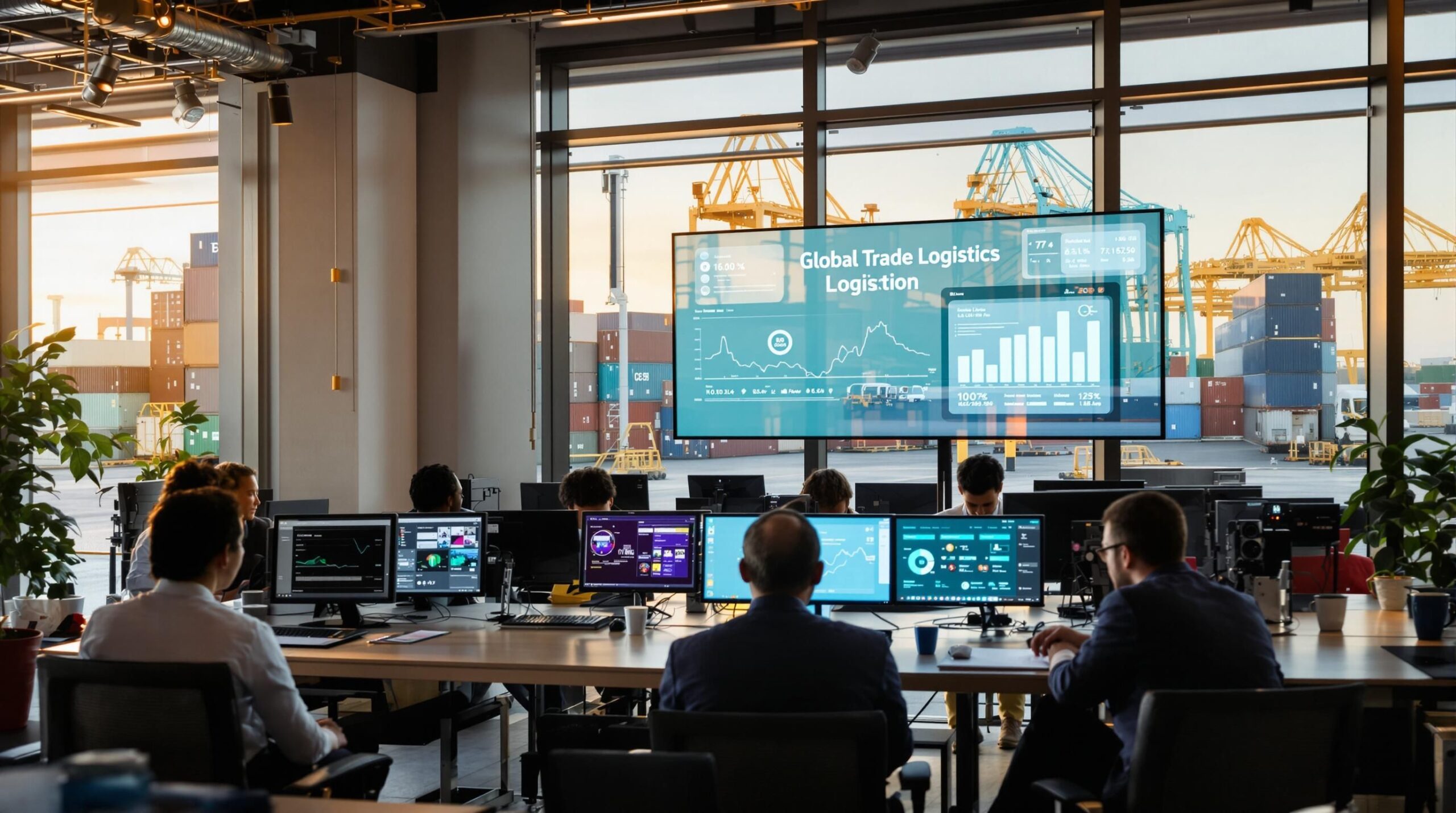 Logistics professionals collaborating in freight forwarder office with global trade tracking