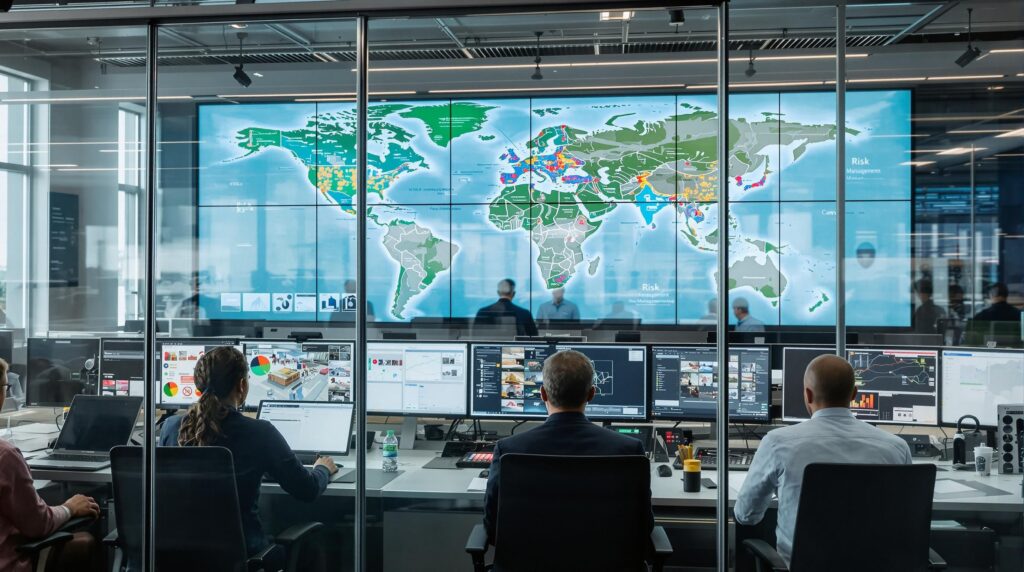 Diverse logistics team monitoring global risks in high-tech control room