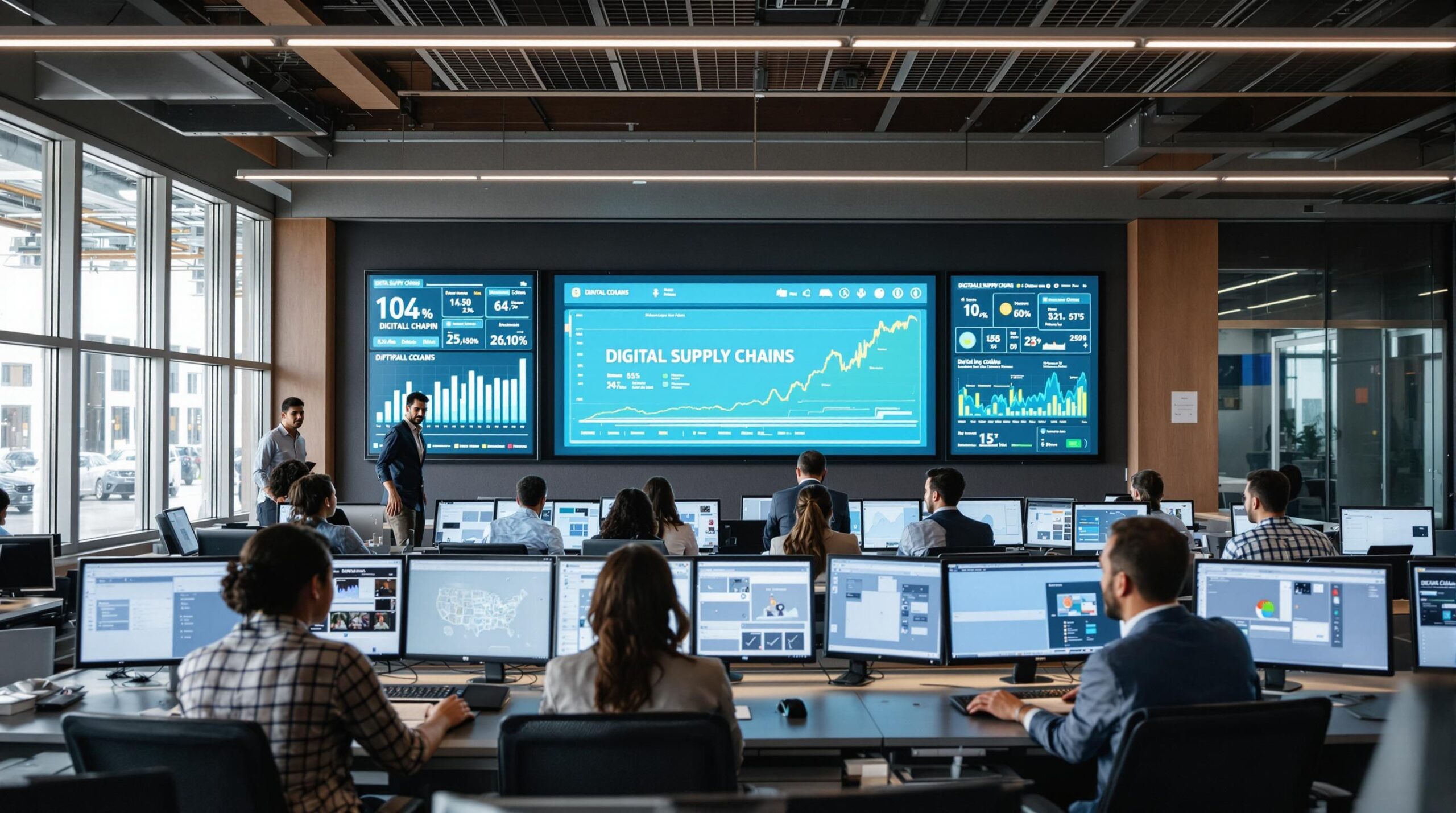 Business team in a high-tech logistics center with digital supply chain data screens