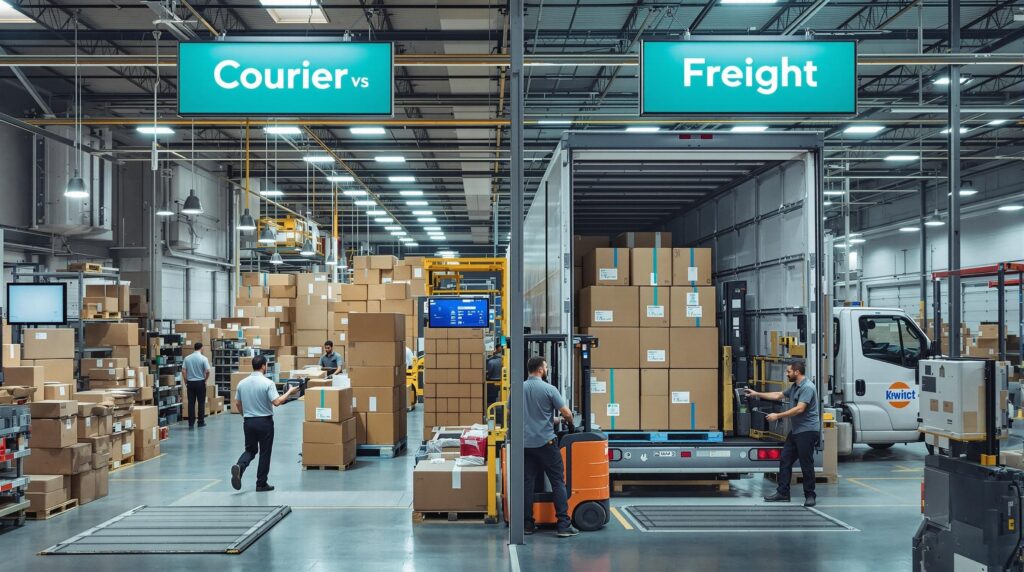 Warehouse scene showing courier handling small parcels and freight team loading heavy pallets for shipping