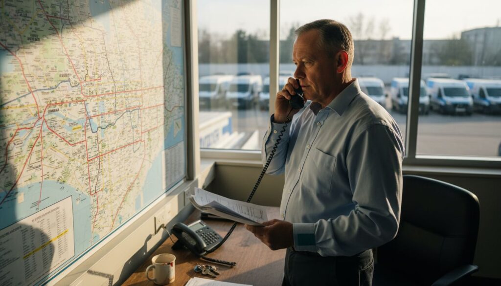 Fleet manager on phone in office reviewing delivery routes