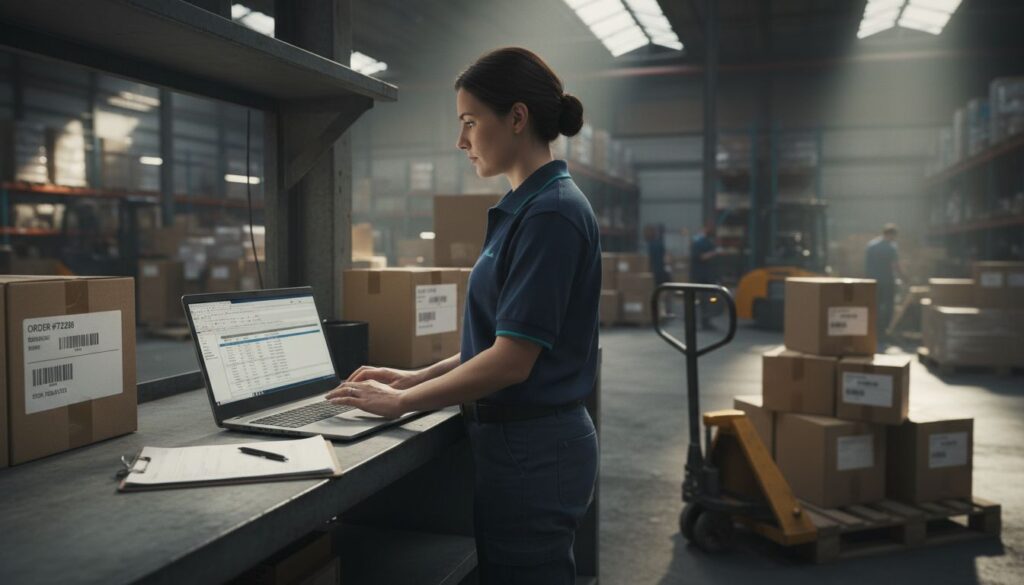 Warehouse coordinator at laptop reviewing analytics