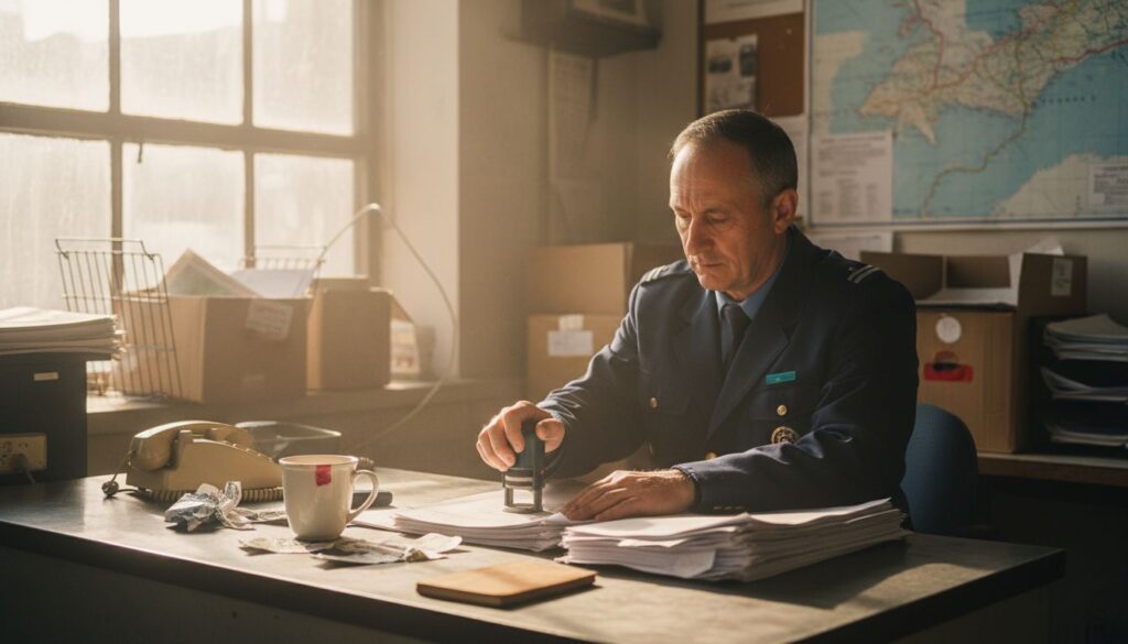 Customs officer stamping shipping paperwork