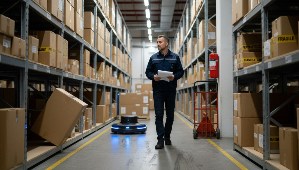 Supervisor with robotic mover in warehouse aisle