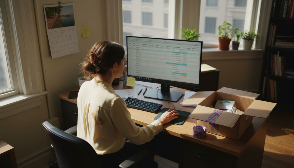 Small business owner reviewing logistics spreadsheet