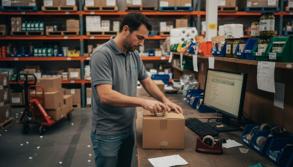 Warehouse worker packing orders for shipment