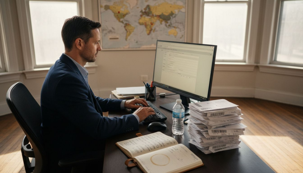 Manager entering address details at desk
