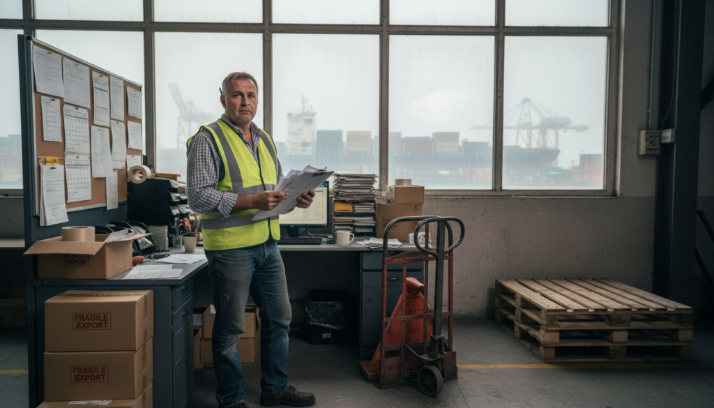 Shipping manager checks documents in busy warehouse