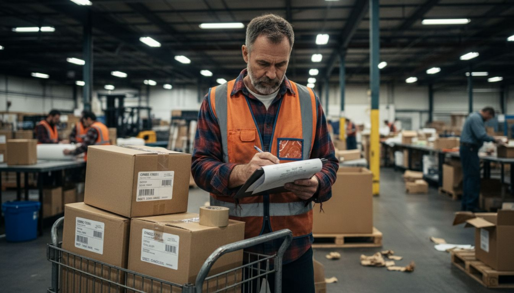 Warehouse manager checking labeled boxes