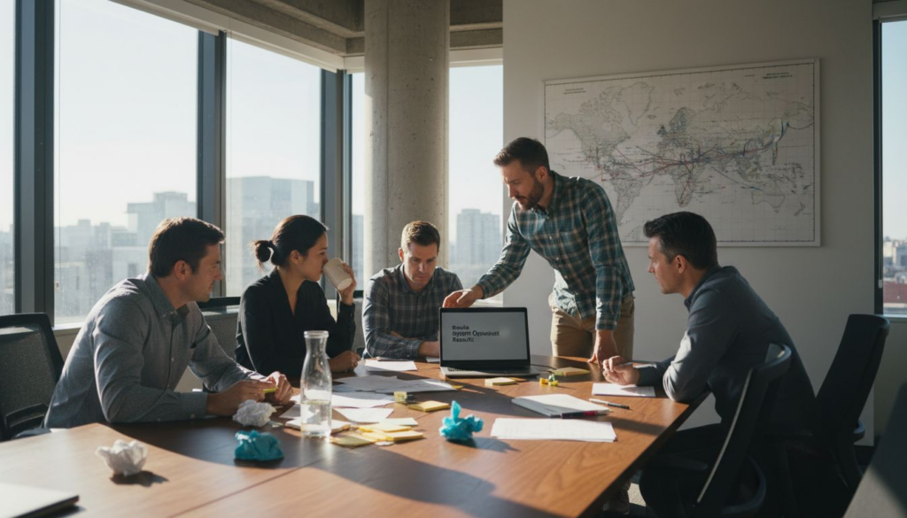 Logistics managers collaborate in corner office