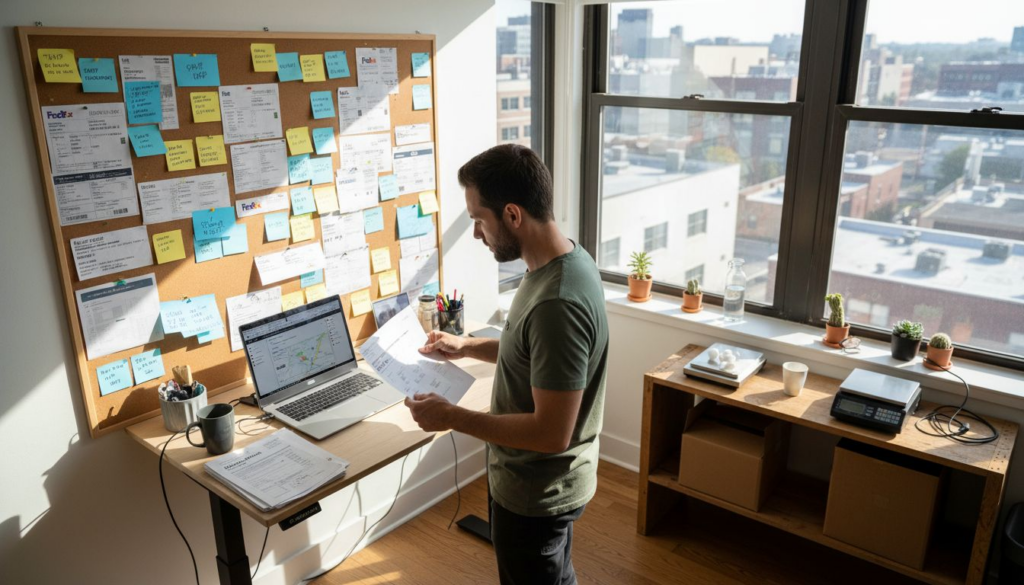 Ecommerce manager reviews courier logistics board