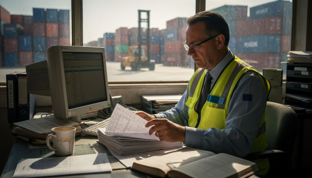 Agent checking freight shipping paperwork in office