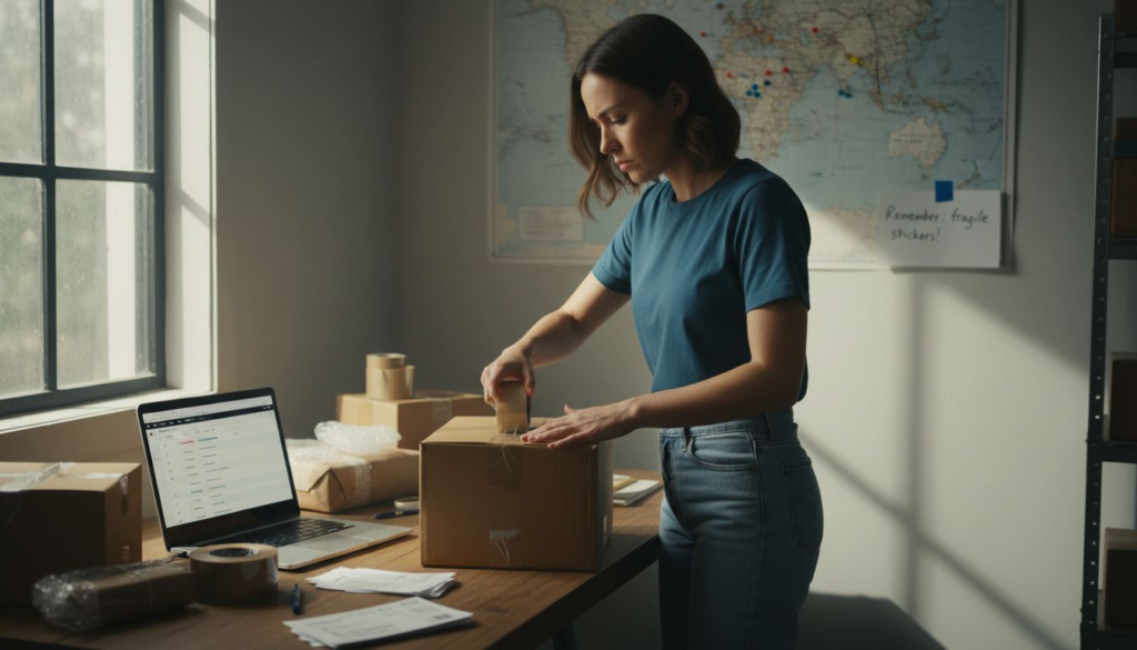 Ecommerce business owner packing parcels in storage room