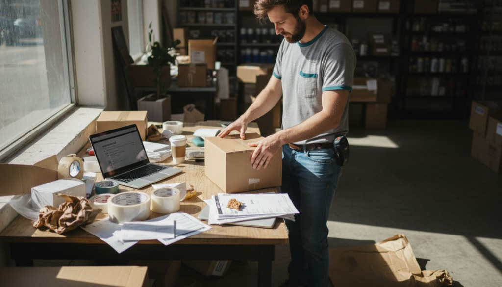 Ecommerce owner preparing shipping boxes in workspace