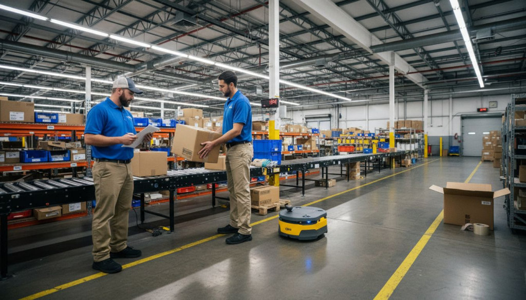 Warehouse workers and robots operating together