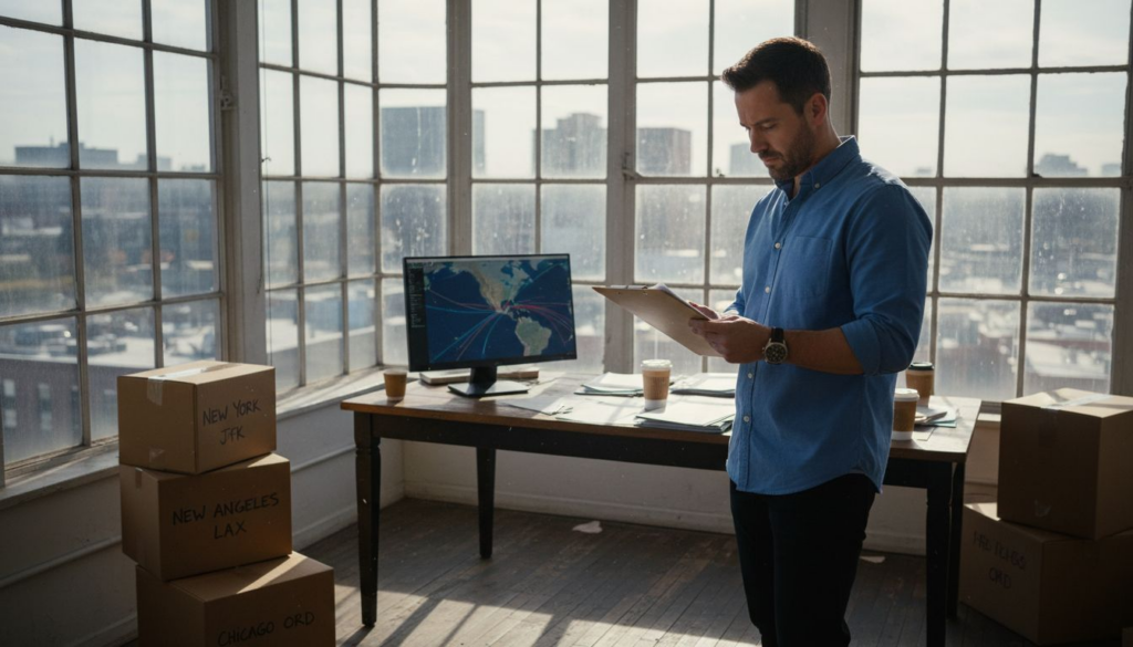Logistics manager in bustling shipping office