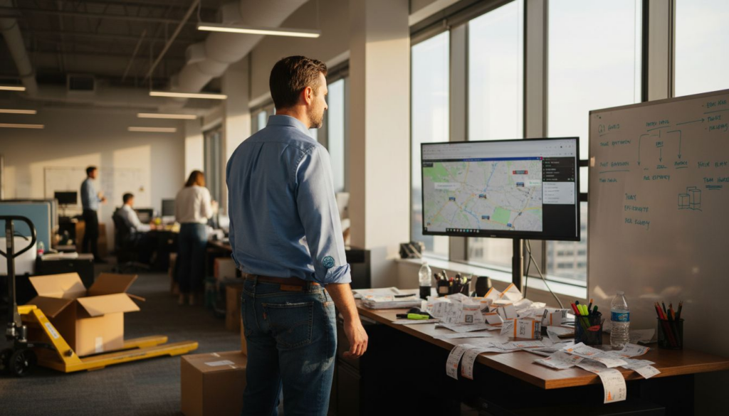 Manager tracking parcel deliveries office scene