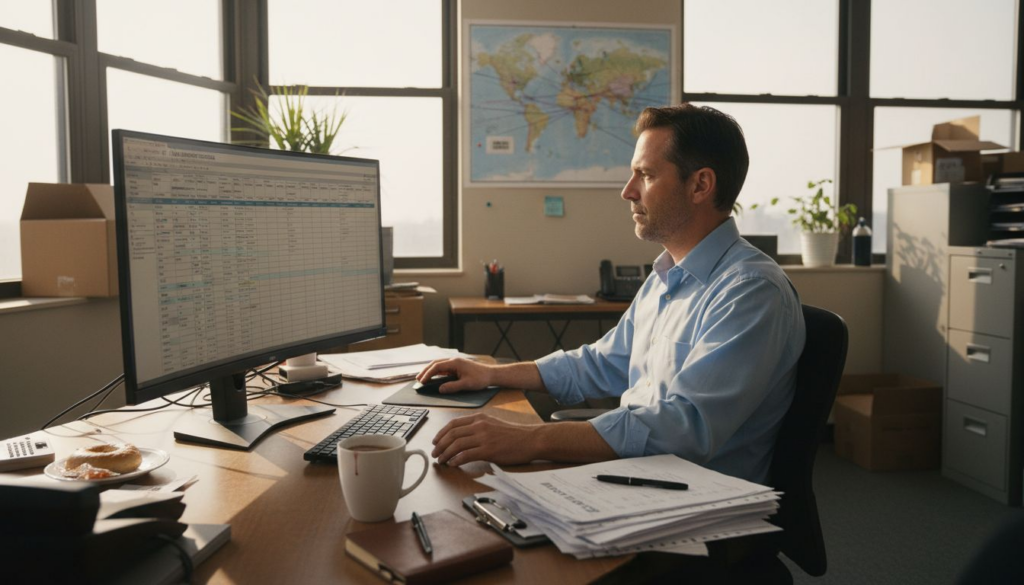 Air freight manager checks shipment schedules