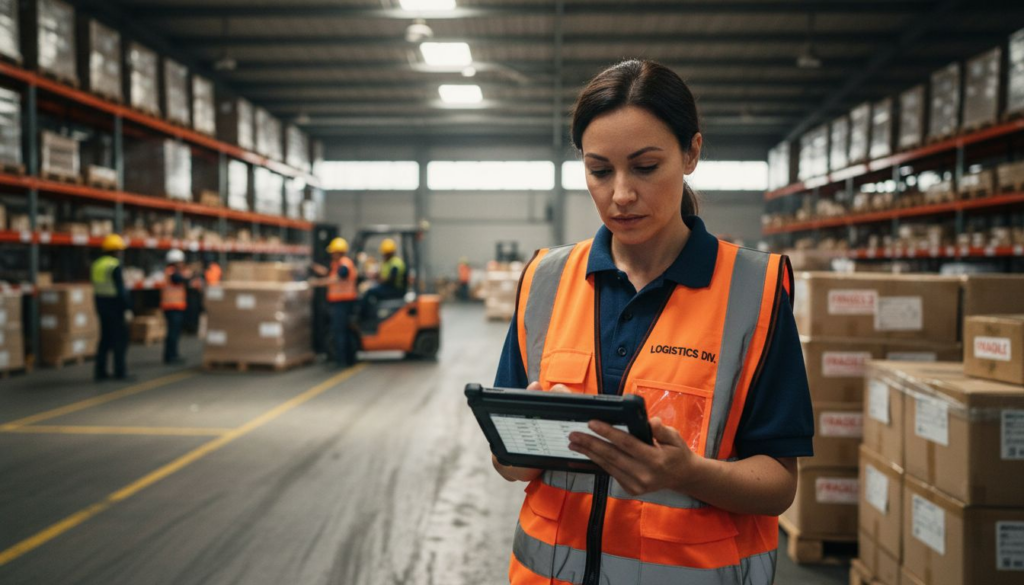 Warehouse manager with logistics workflow tablet