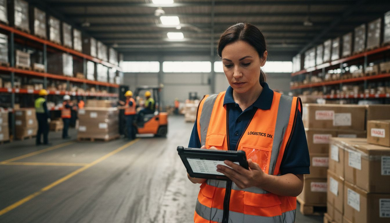 Warehouse manager with logistics workflow tablet