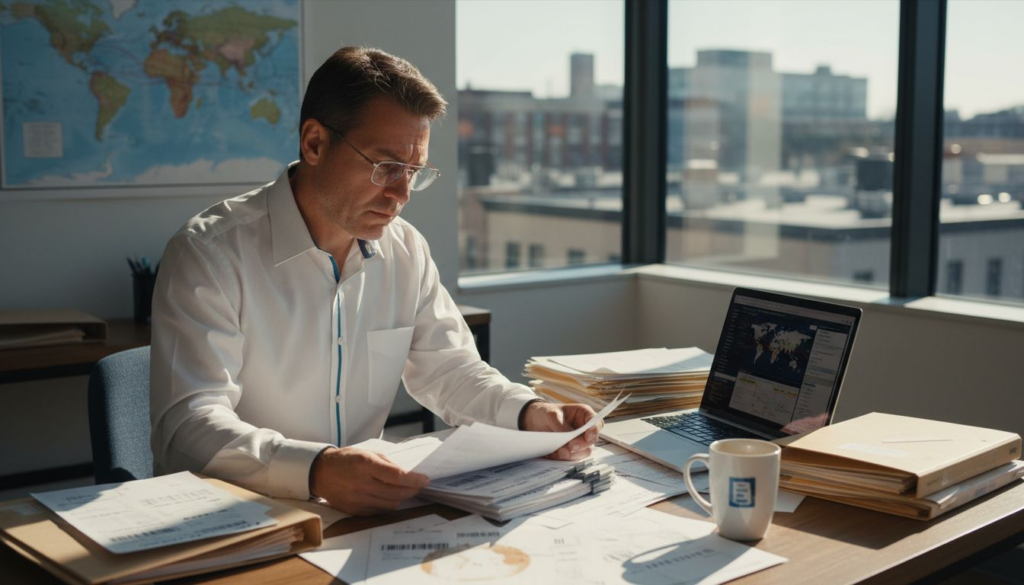 Manager reviewing global freight documents in office