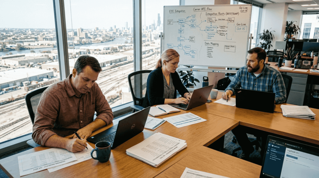 Freight forwarding team reviewing shipping documents