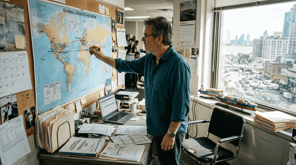 Logistics manager marking global shipping routes