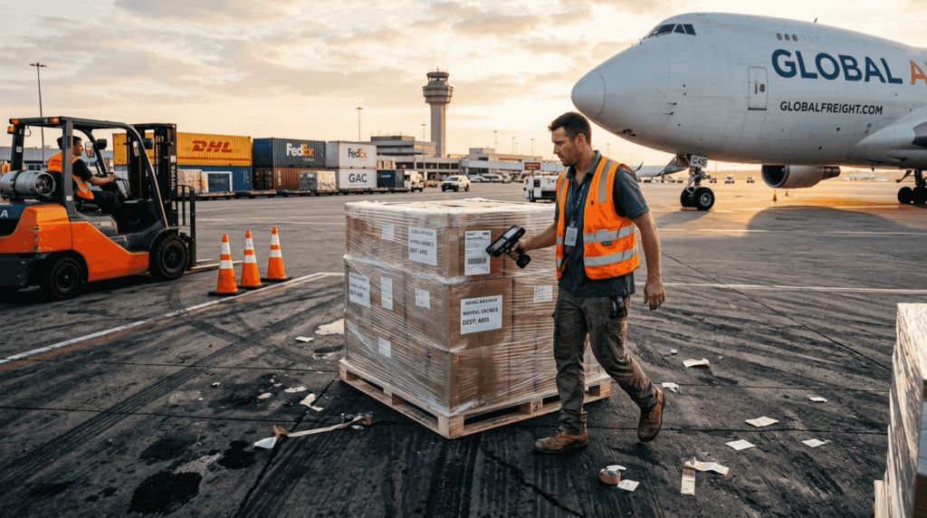 Cargo crew loading freight on airport tarmac
