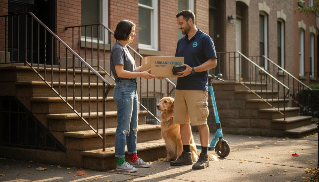 Courier delivering ecommerce package at doorstep