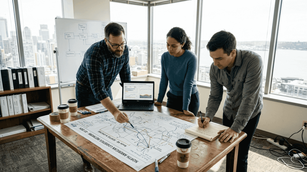 Logistics team reviewing supply chain workflow