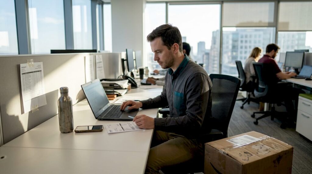 Ecommerce manager booking freight in corner office