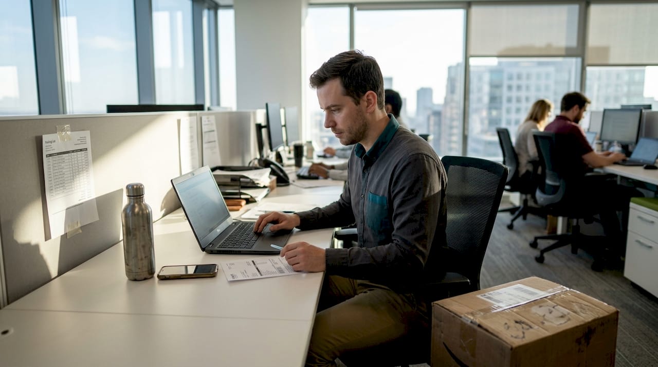Ecommerce manager booking freight in corner office