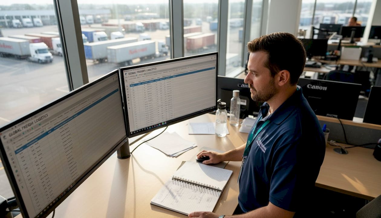 Freight coordinator at workstation managing shipments