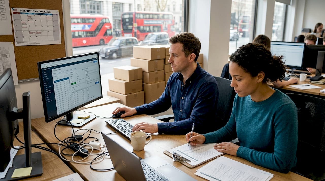 Ecommerce logistics coordinators collaborating at workplace