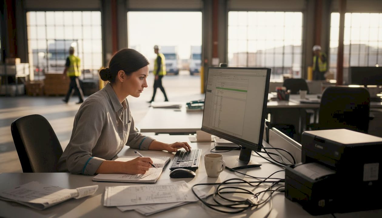 Logistics coordinator booking freight shipments in office