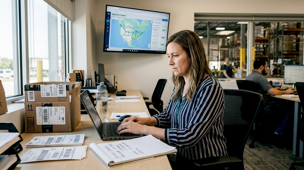 Logistics manager booking shipments on laptop