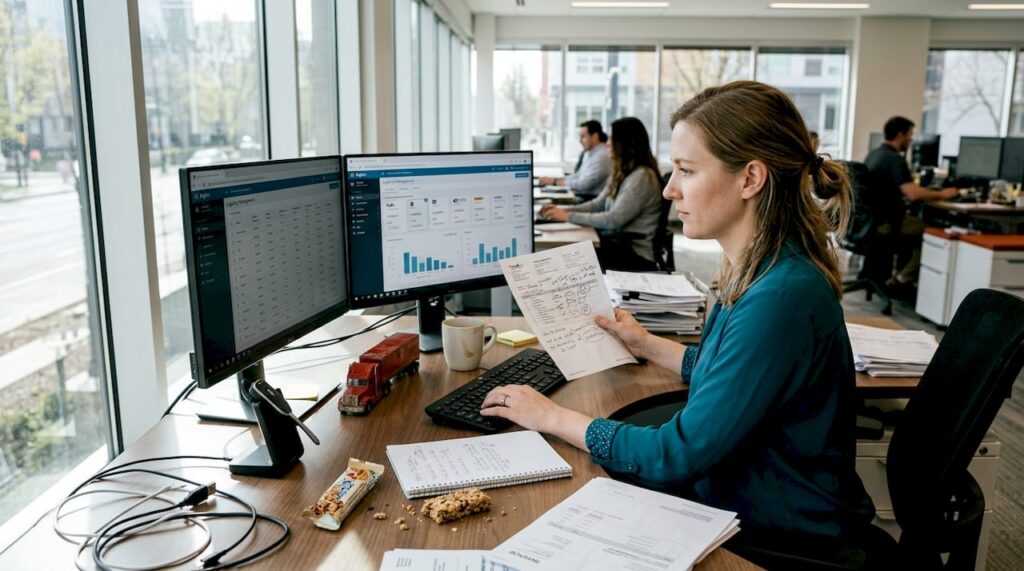 Logistics manager comparing freight options at desk