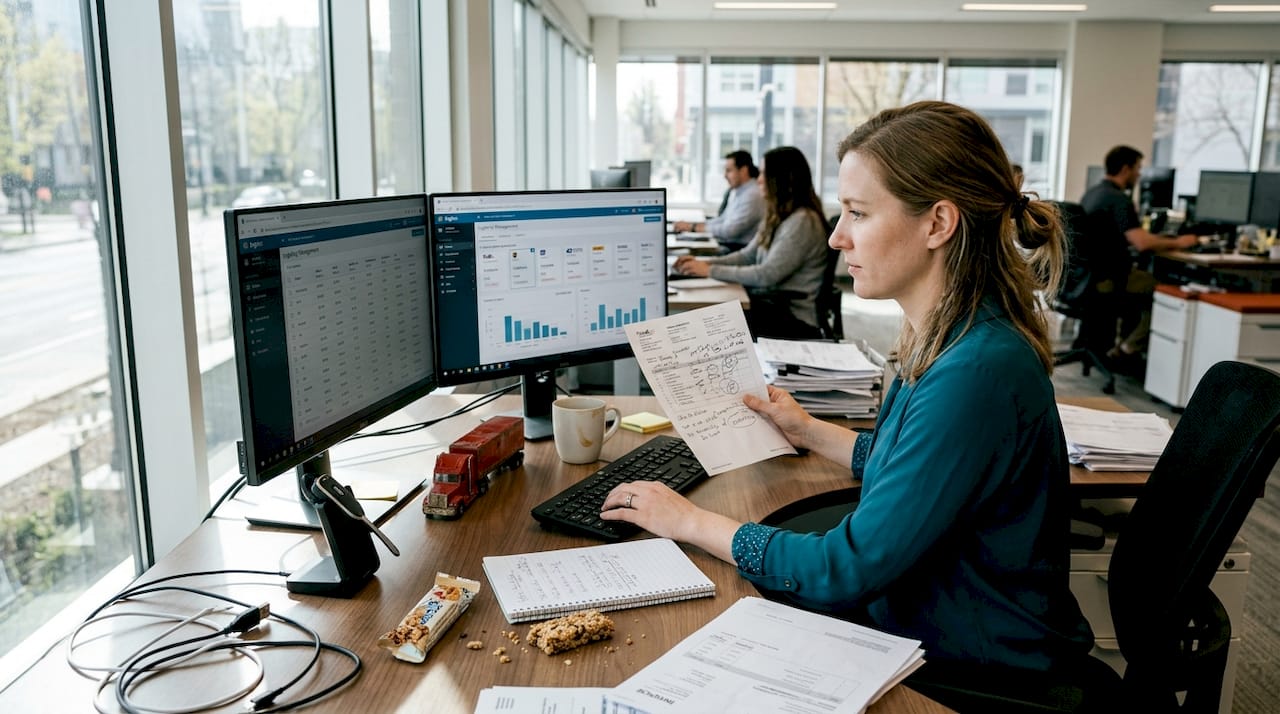 Logistics manager comparing freight options at desk