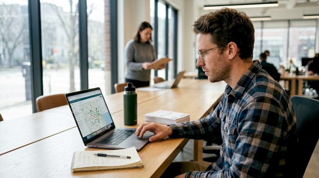 Coordinator checking parcel tracking updates at laptop