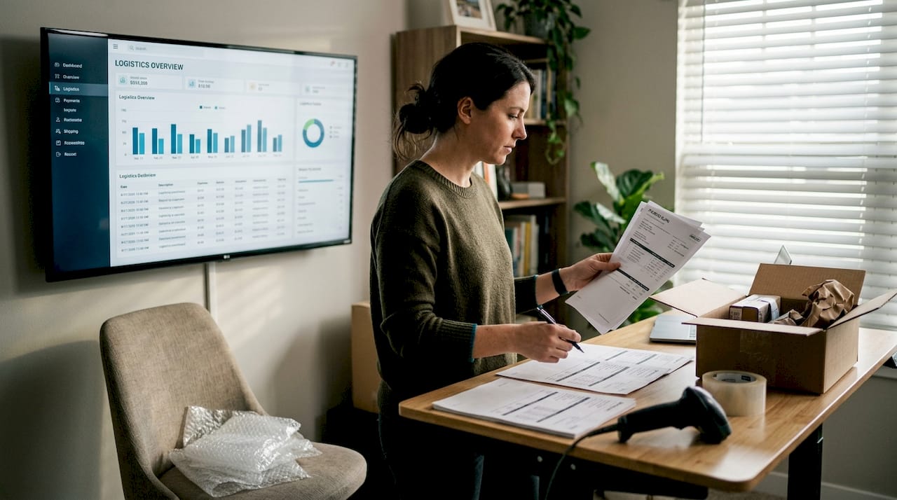 Ecommerce manager reviewing logistics dashboard