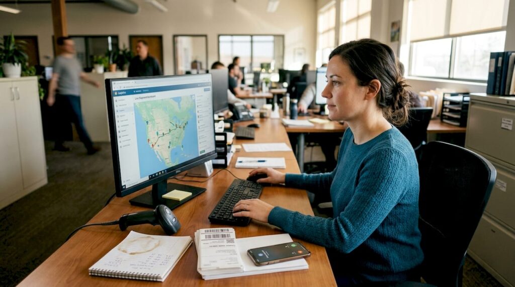 Logistics coordinator monitoring parcel tracking system