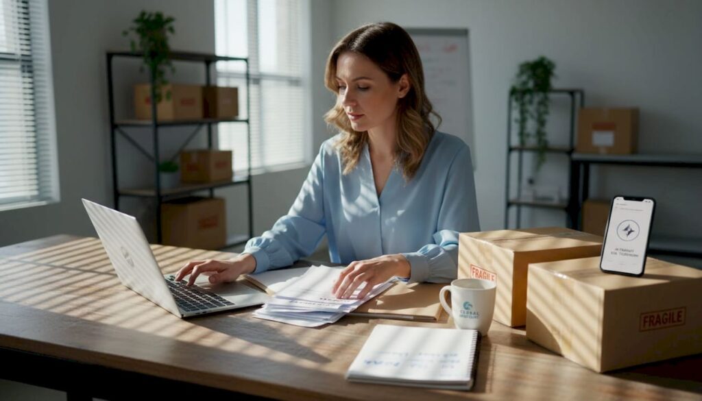 Logistics coordinator sorting shipping paperwork