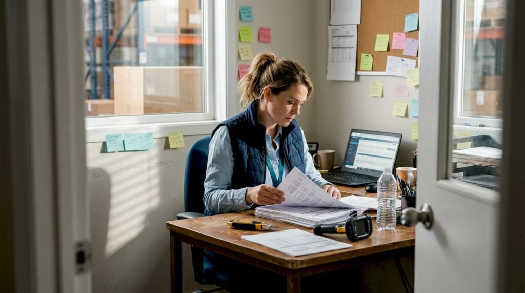 Logistics manager reviews shipments in office