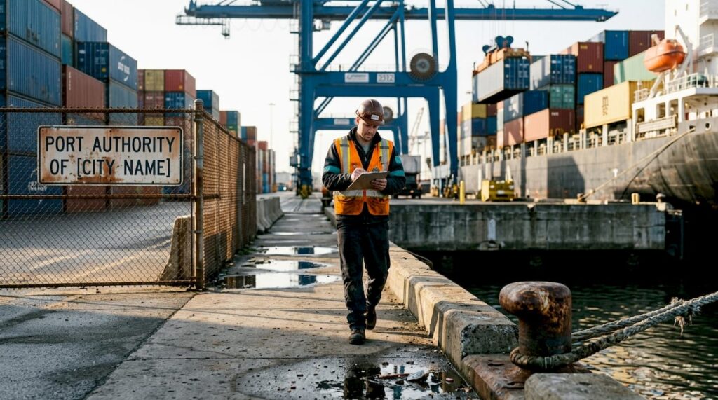 Dockworker at busy container port with ship