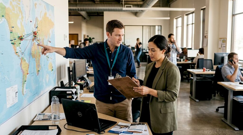 Team reviewing shipping routes and paperwork