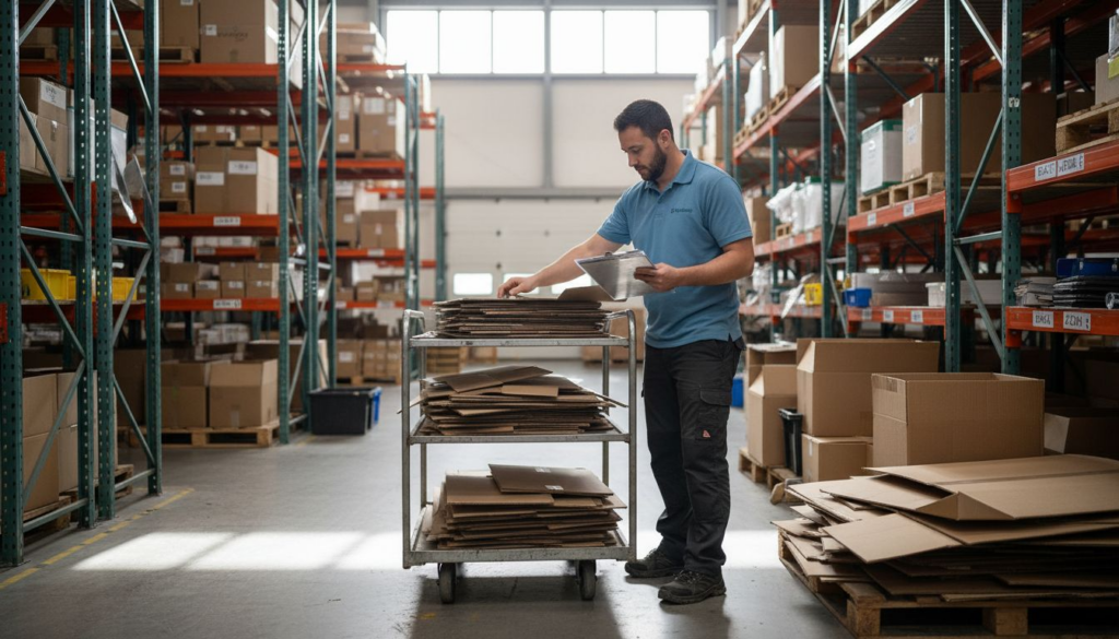 Worker loads sustainable packages in a warehouse