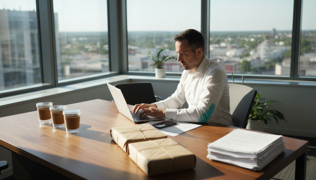 Operations manager reviewing eco-friendly office workflow