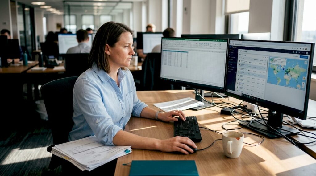 Manager checks shipments in logistics office